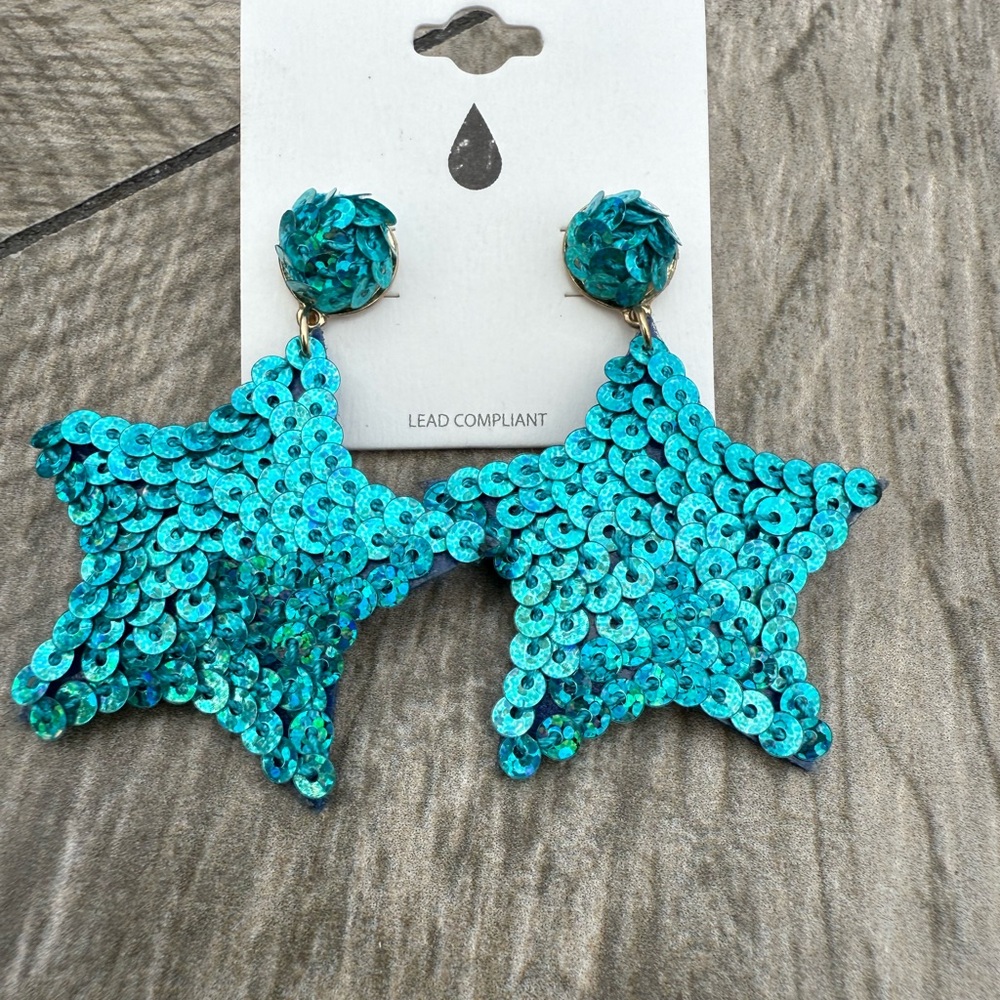 NWT! Turquoise Star Sequin Lightweights Large Sparkling Earrings